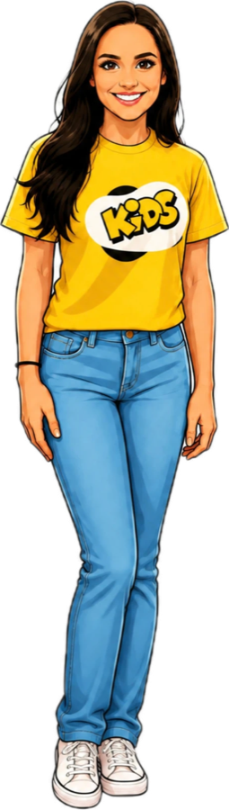 Cartoon of Ms. Hannah in a yellow KIDS shirt